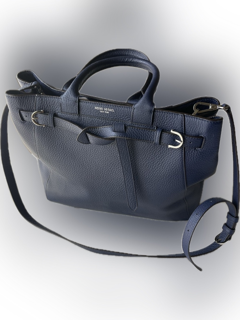 henri bendel Navy Pebble Leather Tote with Adjustable Strap Crossbody